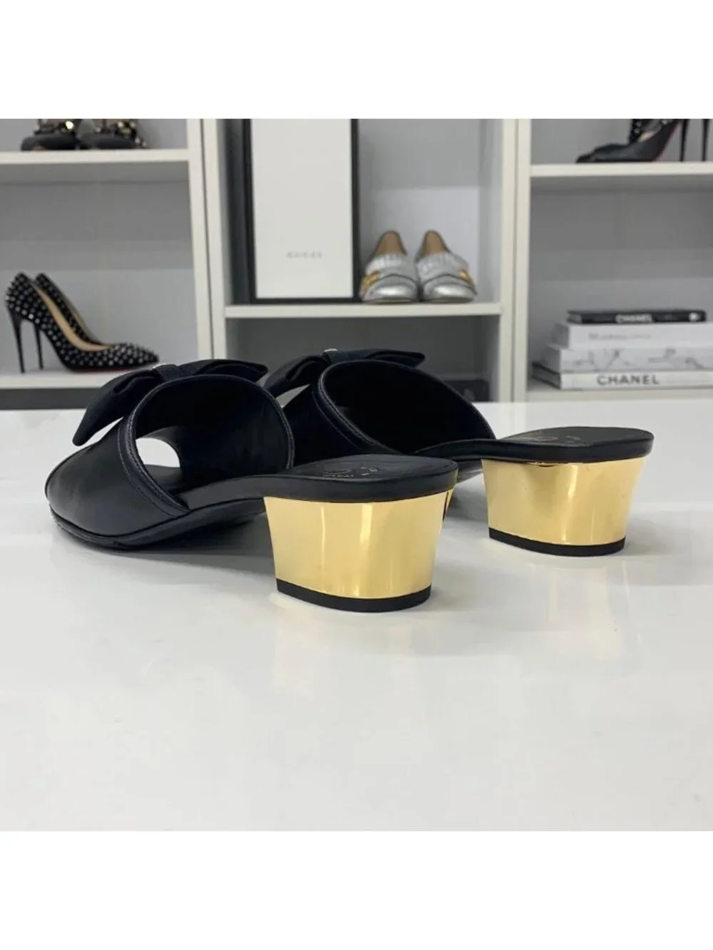 Chanel CC Logo Leather Ribbon Sandals Black